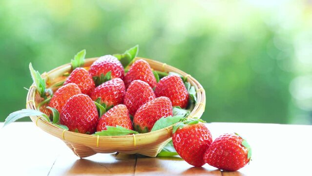 Red strawberry in wooden basket on blurred greenery background, Red Korean Strawberries on wooden table in garden.