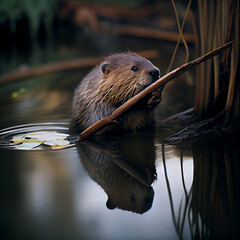Beaver with stick staying next to a water, generative ai - obrazy, fototapety, plakaty