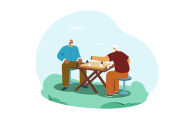 Cartoon happy senior men play chess. Aged people recreation and hobby. Elderly friends or retired characters sitting at table in the park and playing board game. Vector illustration in flat style.