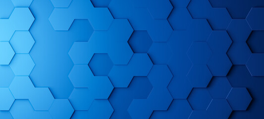 Hexagonal gradient background with blue hexagons, abstract futuristic geometric backdrop or wallpaper with copy space for text