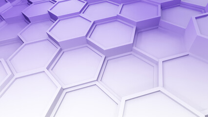 Hexagonal background with gradient purple and white hexagons, cells or honeycombs. Abstract geometric backdrop or wallpaper.