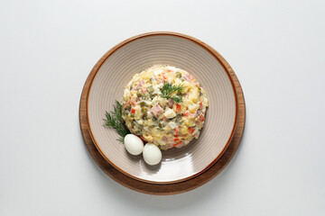 Concept of New year food, Olivier salad, top view