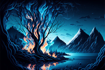 Fototapeta na wymiar Night sky with a burning tree