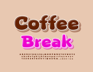 Vector stylish sign Coffee Break. Creative 3D Font. Modern Alphabet Letters and Numbers set