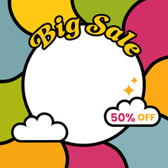 Social media post template in retro design style. Feed template with big sale text.