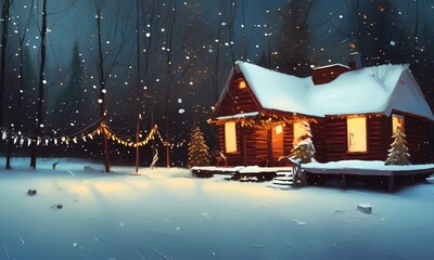 Generative AI oil painting of a forest wooden house at Christmas, winter trees and lights, illustration painting postcard