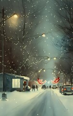 Generative AI watercolor painting of a snowy suburban street at Christmas, winter trees and lights, illustration painting postcard