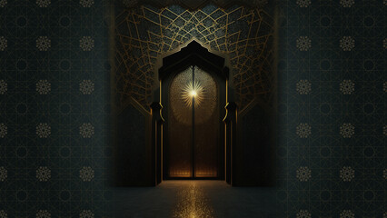 Dreamy Mosque entrance hall for Arabic/Islamic Ornamental decorative elegant background, decorated with Islamic geometrical vintage patterns