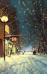 Digital watercolor painting of a snowy town street at Christmas, winter trees and lights, illustration painting postcard