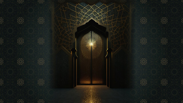 Dreamy Mosque entrance hall for Arabic/Islamic Ornamental decorative elegant background, decorated with Islamic geometrical vintage patterns