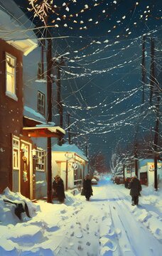 Generative AI Oil Painting Of A Snowy Town Street At Christmas, Winter Trees And Lights, Horizontal Illustration Painting Postcard