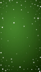 Obraz na płótnie Canvas Snowy christmas background. Subtle flying snow flakes and stars on christmas green background. Delicate sweet snowy christmas. Vertical vector illustration.