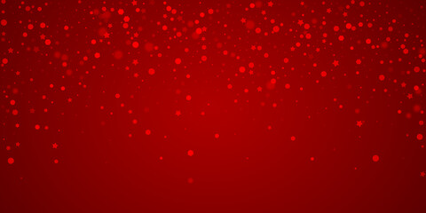 Snowfall overlay christmas background. Subtle flying snow flakes and stars on christmas red background. Festive snowfall overlay. Wide vector illustration.