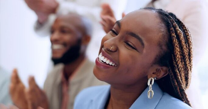Business, staff and black woman applause for celebration, achievement and brainstorming for content marketing. Team, clapping and seminar for startup company, success or group project for advertising