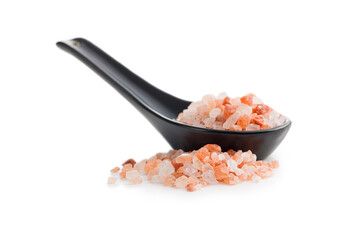 Fototapeta na wymiar Pink himalayan salt in ceramic spoon isolated on white background.