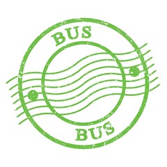 BUS, text written on green  postal stamp.