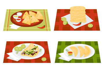 Collection Mexican food Quesadilla, Tacos, Empanadas and corn tortillas in plates with sauces and lime on tablecloth. Isolated vector illustrations latin national american cuisine