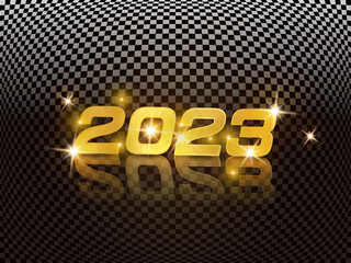Happy new 2023 year gold text with lattice and light background. Minimalistic text template.