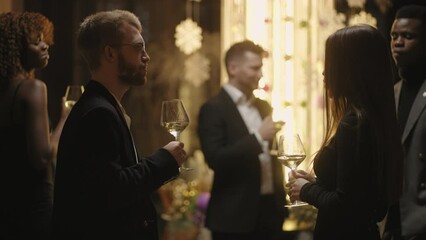 stylish and fashionable people resting in luxury party in evening in restaurant, multi ethnic people