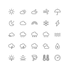Fototapeta premium Outline icon collection for ui. Vector thin line illustration set. Weather forecast, precipitation, sun, rain, snow and storm symbol isolated on white background. Design element