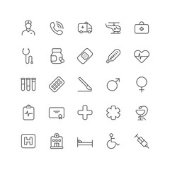 Outline icon collection for ui. Vector thin line illustration set. Health care, hospital, doctor and medicine symbols isolated on white background. Design element