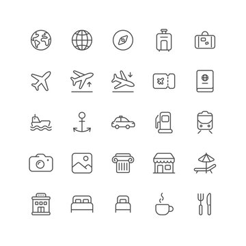 Outline icon collection for ui. Vector thin line illustration set. Vacation, transportation, taxi, ship, plane and hotel symbols isolated on white background. Design element