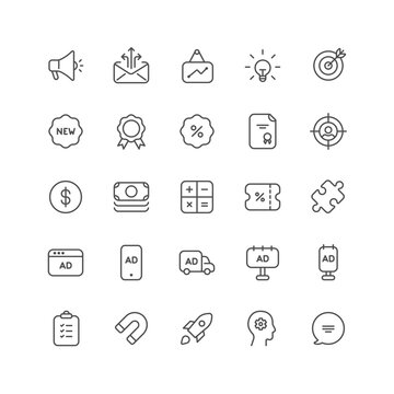 Outline icon collection for ui. Vector thin line illustration set. Business ad, social media marketing, task management symbols isolated on white background. Design element