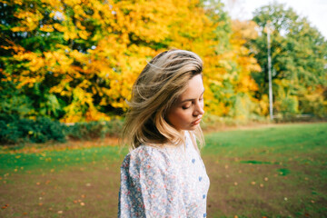 Fototapeta premium Portrait of attractive caucasian woman posing in the autumn park.