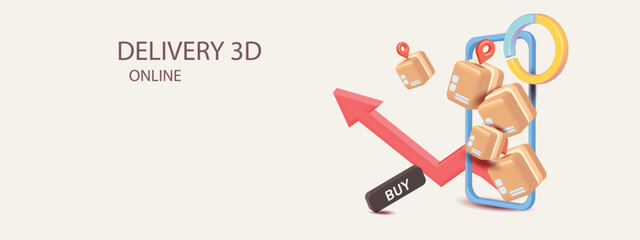 parcel boxe were packed and phone deliver shopping online sale store vector application blue transportation 3d isolated and map pin