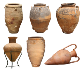 Ancient Greek Antique and Minoan authentic vase clay pots collection set isolated