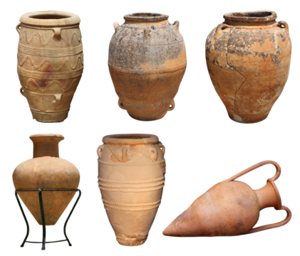 Ancient Greek Antique and Minoan authentic vase clay pots collection set isolated