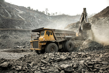 Heavy mining truck and excavator at work . Production useful minerals. Mining truck mining...