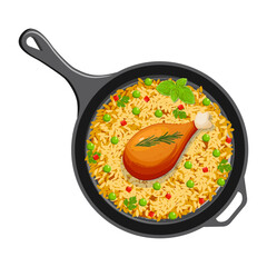 Baked chicken pieces with bone, rice with paprika and peas in a black pan.