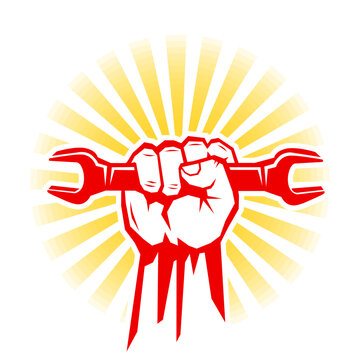 Happy labour day cticker with red fist with wrench on sunrise. Vector template for poster, greeting card on transpatent background