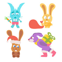 set of 4 flat colored rabbits