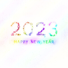 2023 Happy New Year firework text on a light background