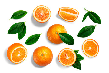 Oranges, whole, split, leaves, paths, top view isolated png