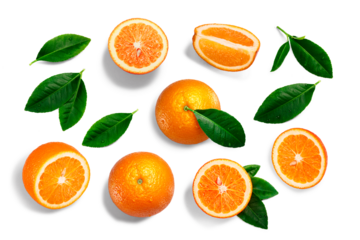 Oranges, whole, split, leaves, paths, top view isolated png