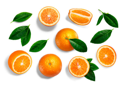 Oranges, whole, split, leaves, paths, top view isolated png