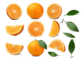Set of whole and sliced oranges with leaves
