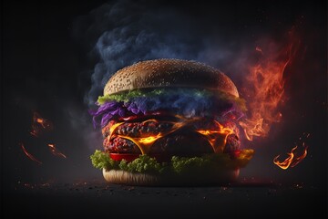 Spicy Burger with chili isolated on pure black background, Burger on black background for design.