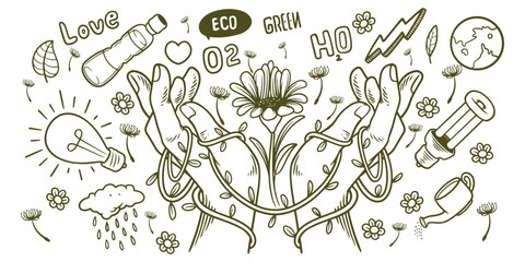 Hand drawn of save earth renewable energy ecology doodle set elements. © ngupakarti