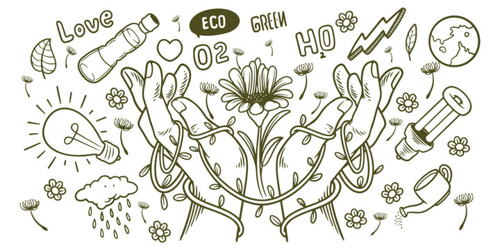 Hand drawn of save earth renewable energy ecology doodle set elements.