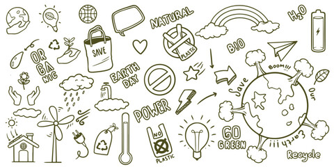 Hand drawn of save earth renewable energy ecology doodle set elements.