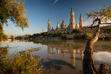 The Cathedral Basilica of Nuestra Senora del Pilar in Zaragoza. Viewpoint from the other side of the Ebro River