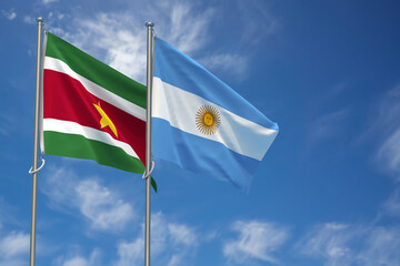 Republic of Suriname and Argentina Flags Over Blue Sky Background. 3D Illustration