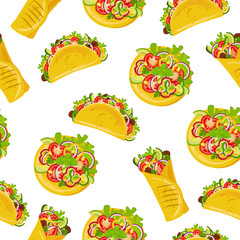 Seamless pattern with tacos, burritos and tostadas.