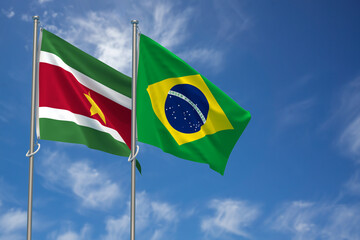 Republic of Suriname and Federative Republic of Brazil Flags Over Blue Sky Background. 3D Illustration
