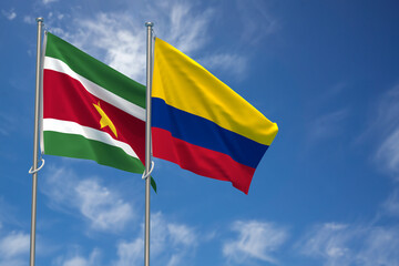 Republic of Suriname and Republic of Colombia Flags Over Blue Sky Background. 3D Illustration