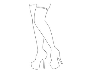 black and white monochrome logo of women's feet in shoes with very high heels. Mono line, single line art, continuous line